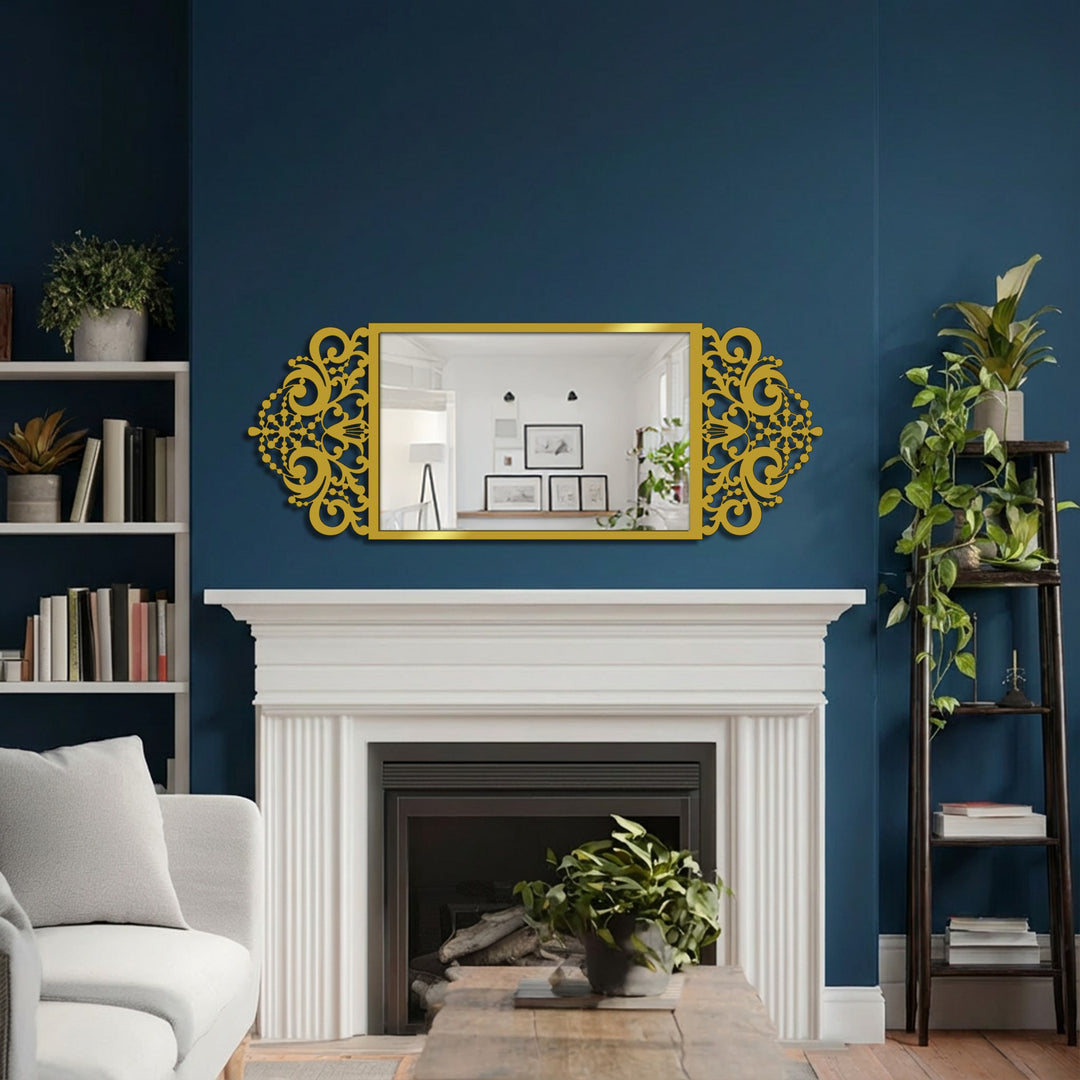 Deep navy walls sharply contrast with the white mantel and the gold ornate frame of the modern mirror, creating a visually striking piece of metal art for wall.