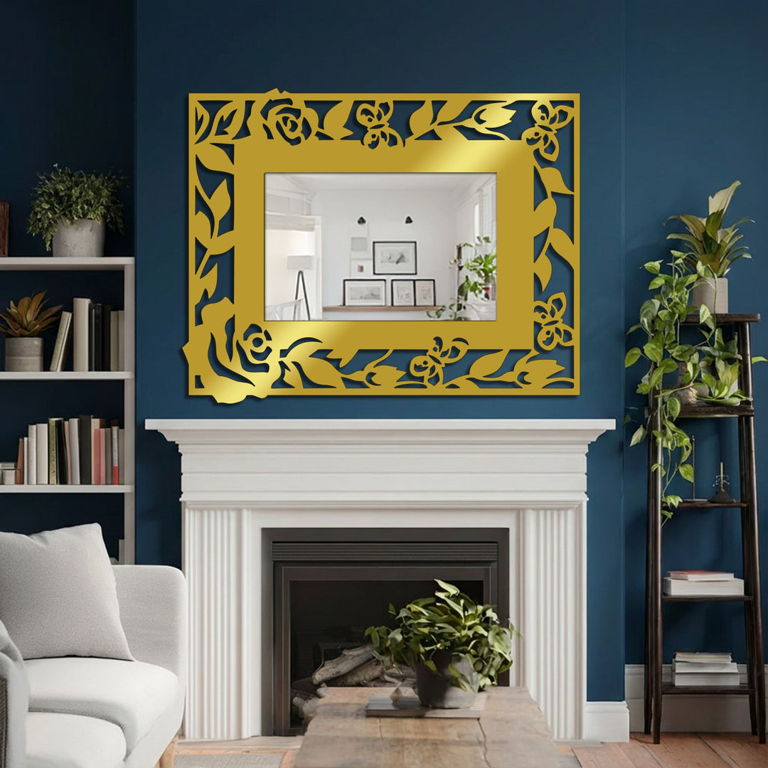 The stillness of the elegant floral butterfly frame design in this framed wall mirror adds a sense of serenity to the room's decor.