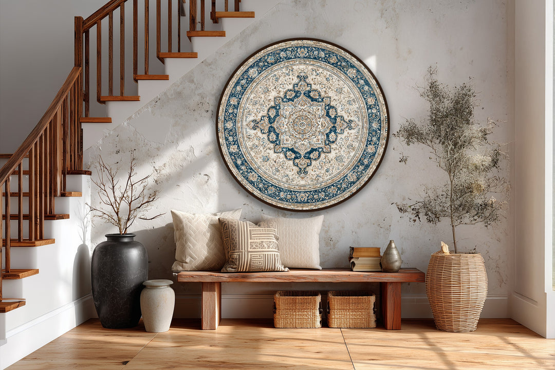 The realistic detail of the vintage Persian mandala round oil painting wall art showcases its ivory and navy tones and classical elegance in the stairwell.