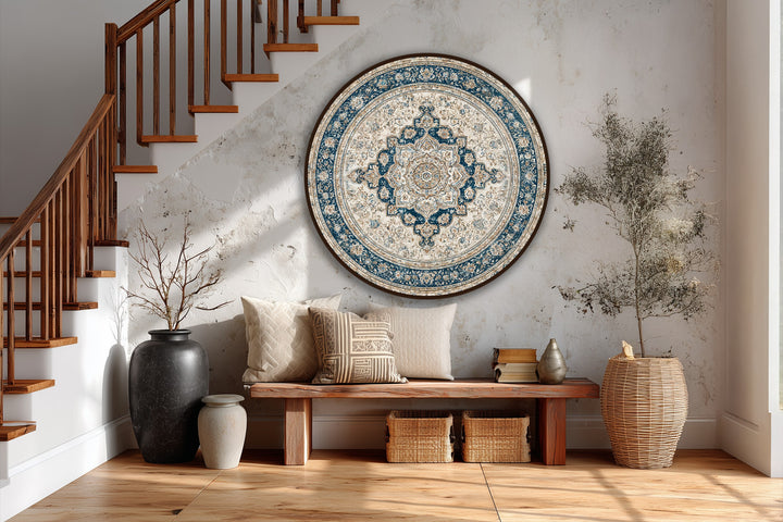 The realistic detail of the vintage Persian mandala round oil painting wall art showcases its ivory and navy tones and classical elegance in the stairwell.