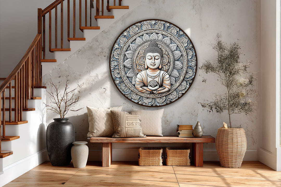 Lower color saturation emphasizes the subtle details of this round Sacred Harmony Mandala Buddha oil painting, a spiritual meditation-themed oil painting art prints.