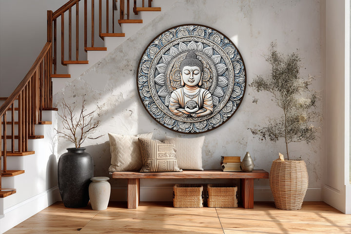 Lower color saturation emphasizes the subtle details of this round Sacred Harmony Mandala Buddha oil painting, a spiritual meditation-themed oil painting art prints.