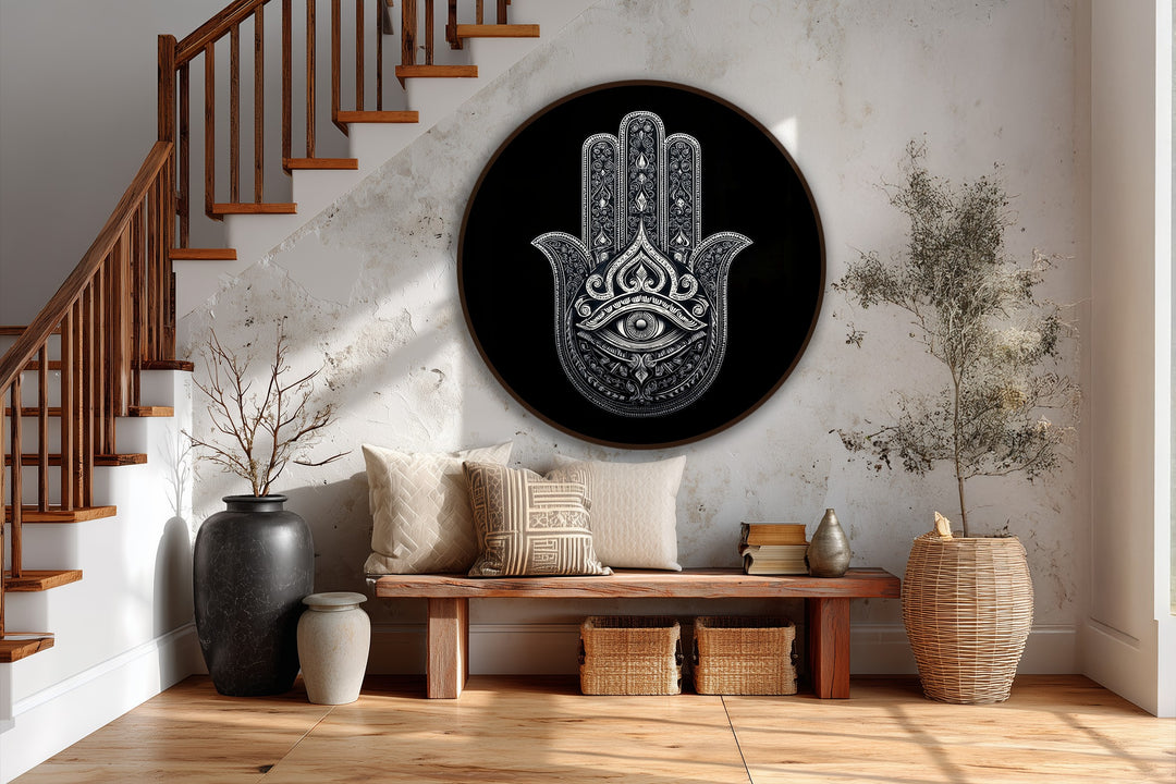 The stillness emanates from the monochrome Hamsa eye round oil painting artwork, a sacred symbol offering protection and intricate beauty to the space.