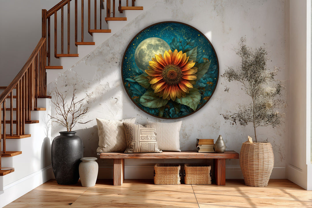 Moonlit Sunflower Bloom – Dreamlike Floral Round Oil Painting