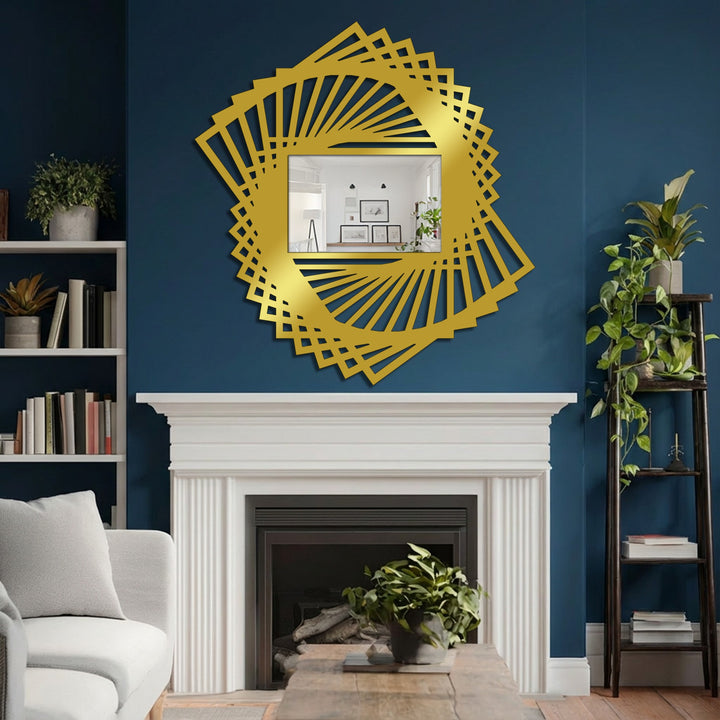 Golden decorative metal art stands out brilliantly against a deeply saturated blue wall above a contrasting bright white fireplace and mantle.