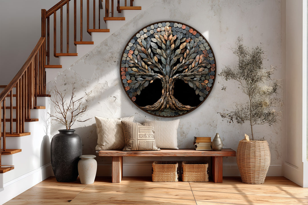 Detailed, round, wooden oil painting depicts a rustic coin tree as the focal point, an impactful piece for oil painting home decor.