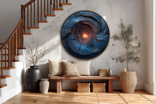 Dramatic color contrast highlights the central glow in this 'Celestial Core' abstract blue spiral round oil painting decoration on wood.