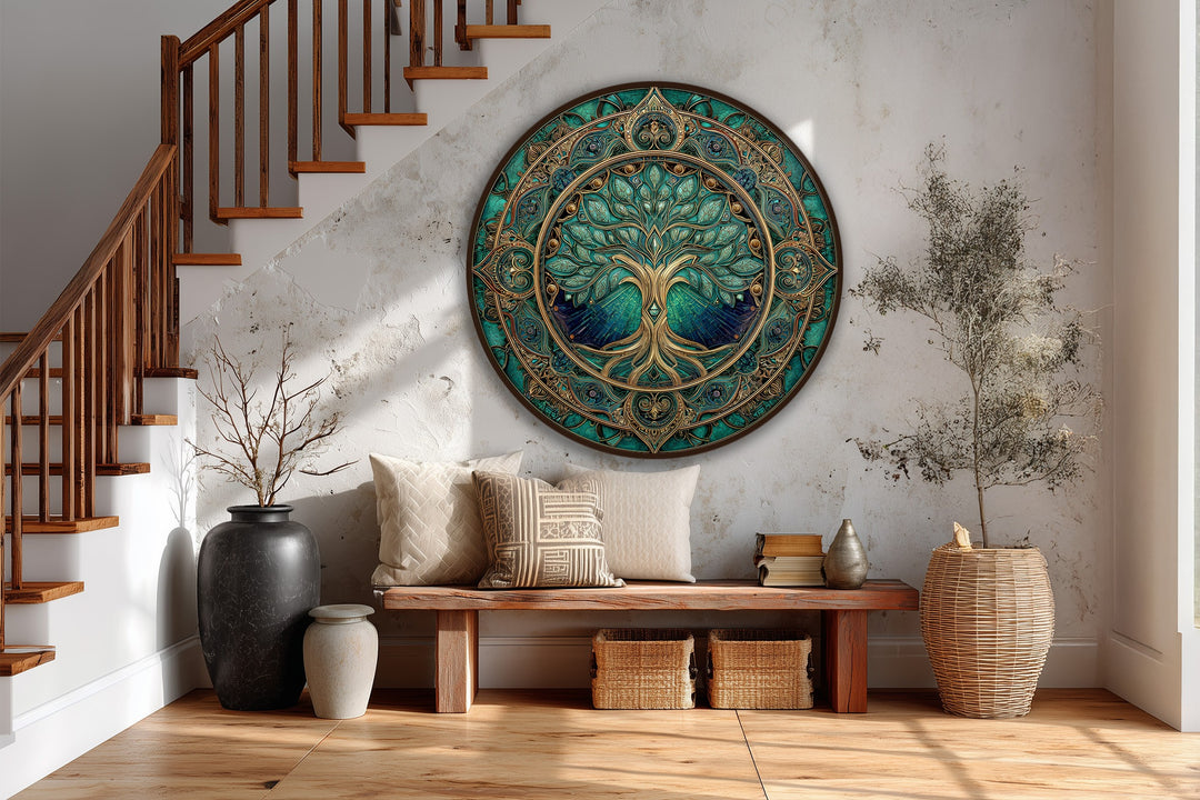 Emerald Sacred Tree – Ornate Round Wooden Oil Painting Wall Art