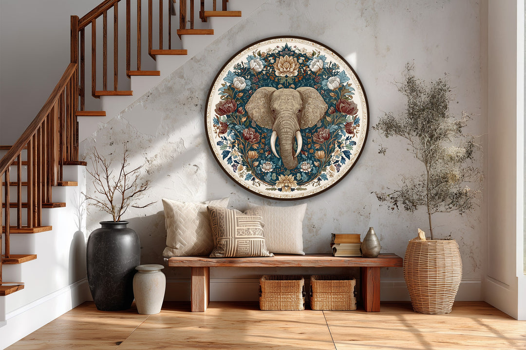 Elefante Floral Majestuoso – Redondo Cuadro al óleo sobre madera