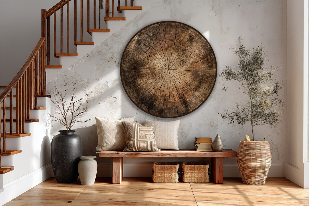 Sunlight casts intriguing light and shadow patterns across this round oil painting depicting a natural wood texture, enhancing its rustic oil painting home decor appeal.