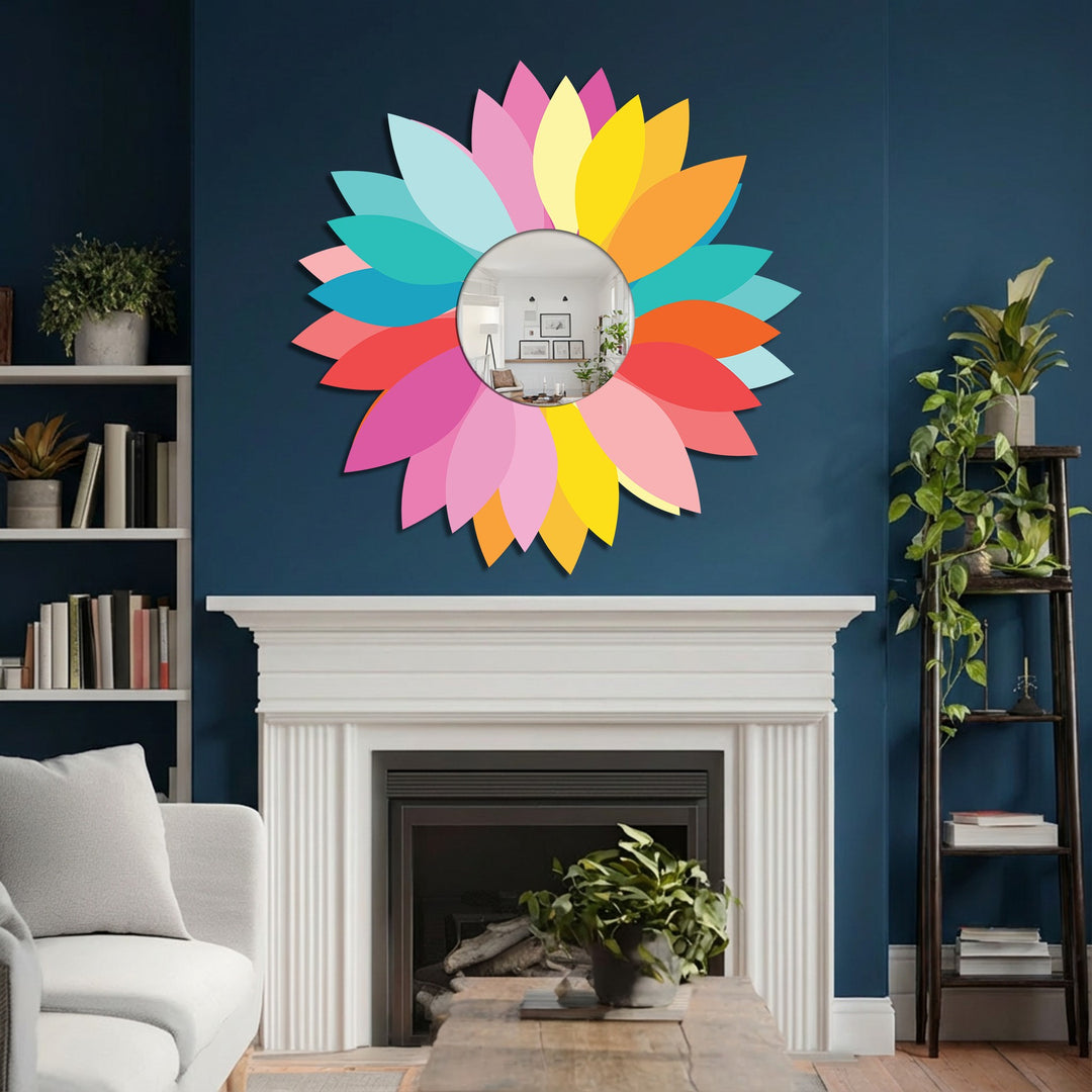 Smooth, flat surface texture defines the metal wall decor of this colorful petal round mirror with its vibrant, multi-hued floral design.