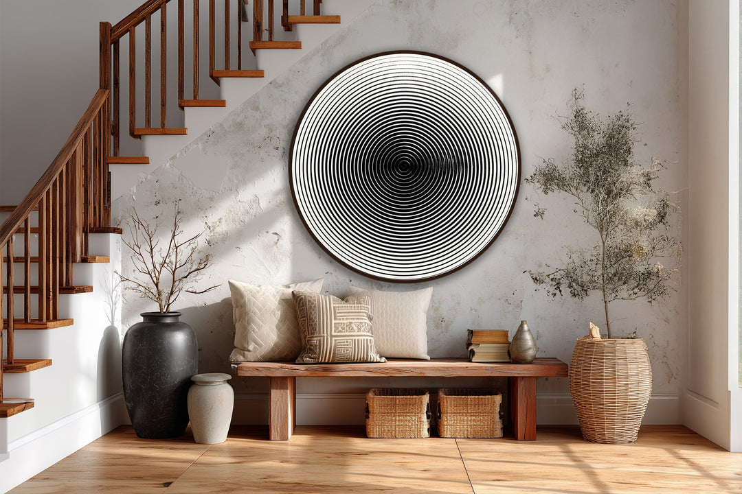Hypnotic Lines – Minimalist Round Wooden Oil Painting Wall Art