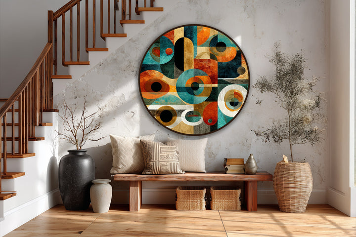 The focal point of this retro geometric circles abstract round oil painting is its bold use of vibrant hues and dynamic composition making it striking oil painting artwork.