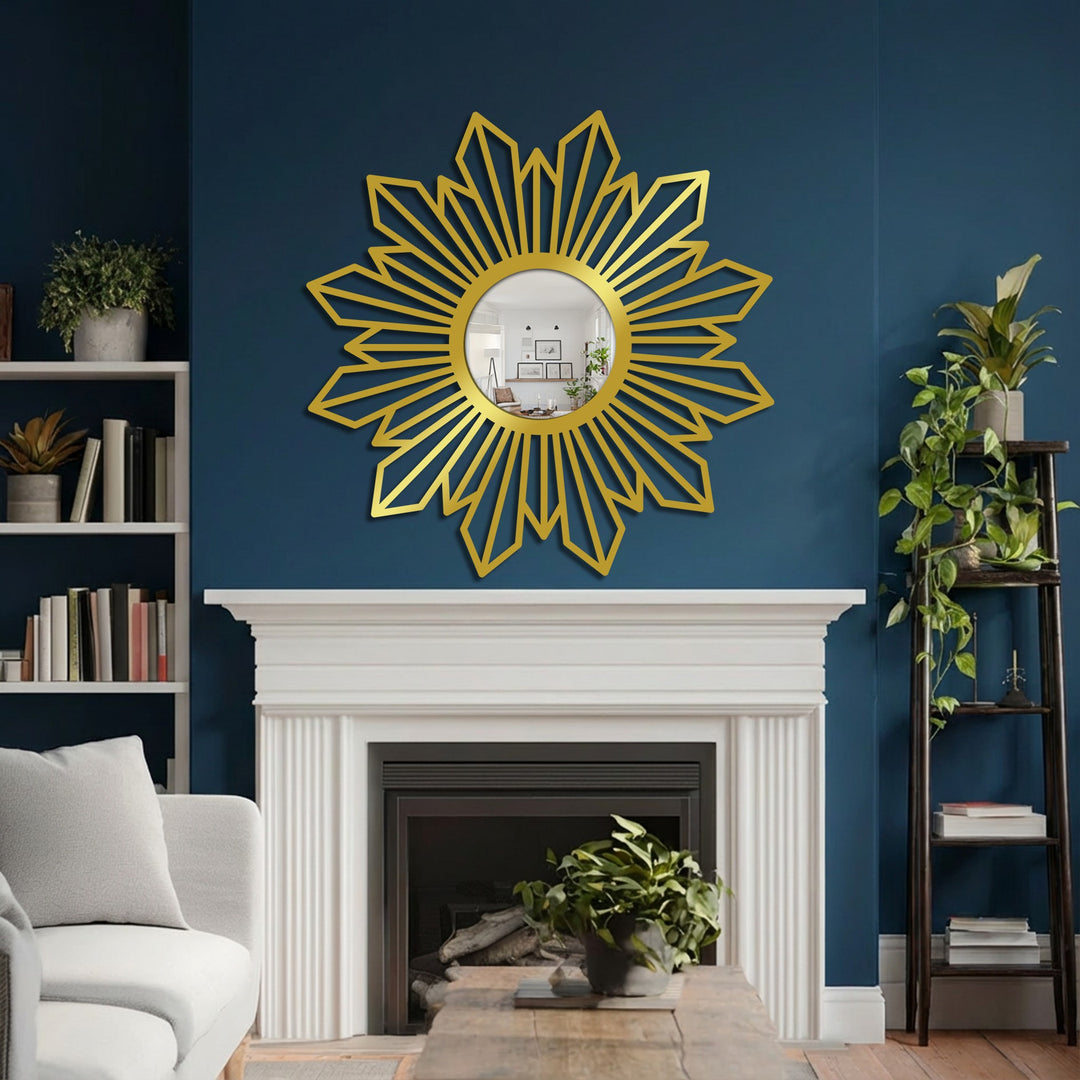 Serene scene showcasing a radiant, sunburst geometric metal wall mirror that contributes to the inviting and sophisticated decoration wall art, enhancing the room's mood.