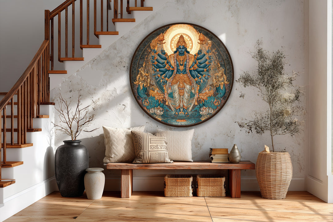 Dominant blue tones define this round oil painting of a multi-armed deity, offering exquisite oil painting home decor with its intricate details in gold and turquoise.
