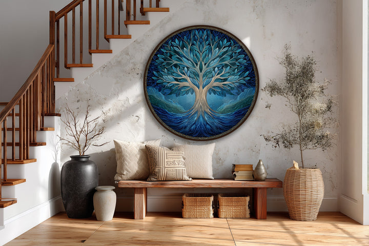 Depicting a sense of mystery, the darkest area emphasizes the flowing roots in this modern oil painting art of a circular Azure Life Tree, all encased in a wooden frame.