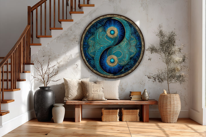 Delicate brushstrokes showcase the layering effect within this turquoise Yin Yang, a round oil painting art prints featuring intricate gold details that enhance its depth and harmony.