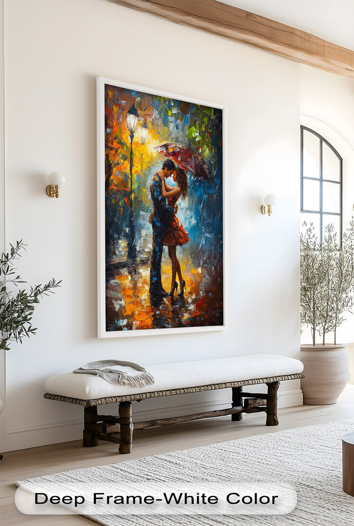 Embrace in Autumn Rain – Passionate Love Oil Painting