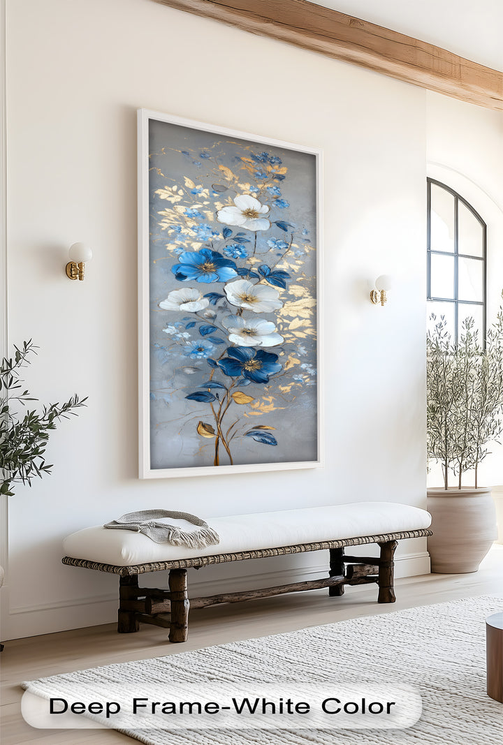 Blau-weiße Blüten Wandkunst – Blumenölgemälde