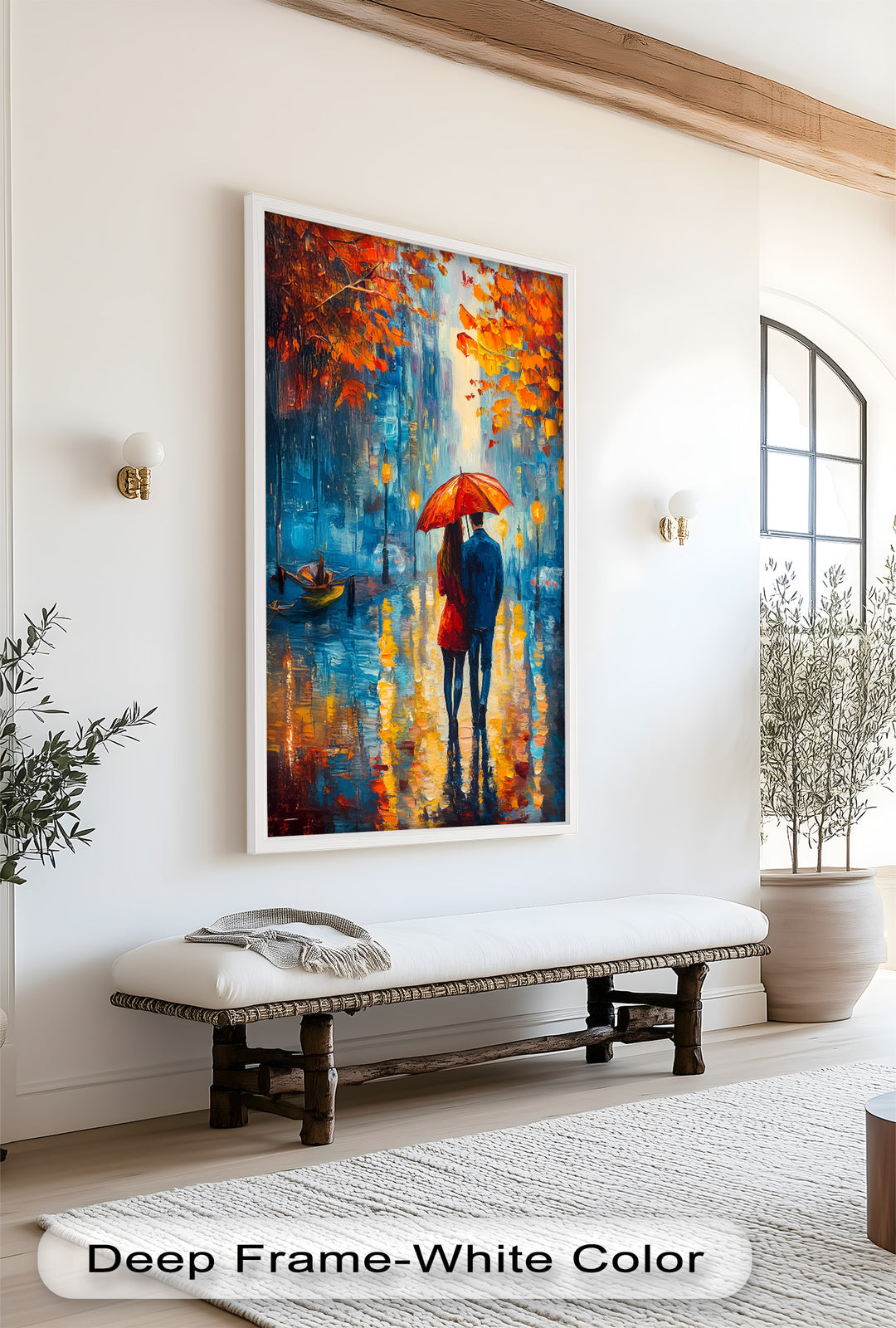 Romantic Couple Strolling Under Red Umbrella - Love Oil Painting
