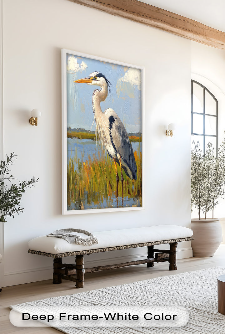 Heron in Sunlit Wetlands - Animal Oil Painting