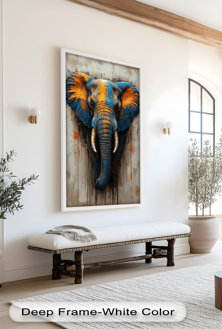 Blue and Orange Elephant Portrait - Animal Oil Painting