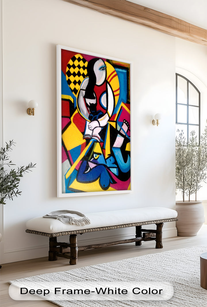 Bunte sitzende Frau Wandkunst – kubistisches Ölgemälde