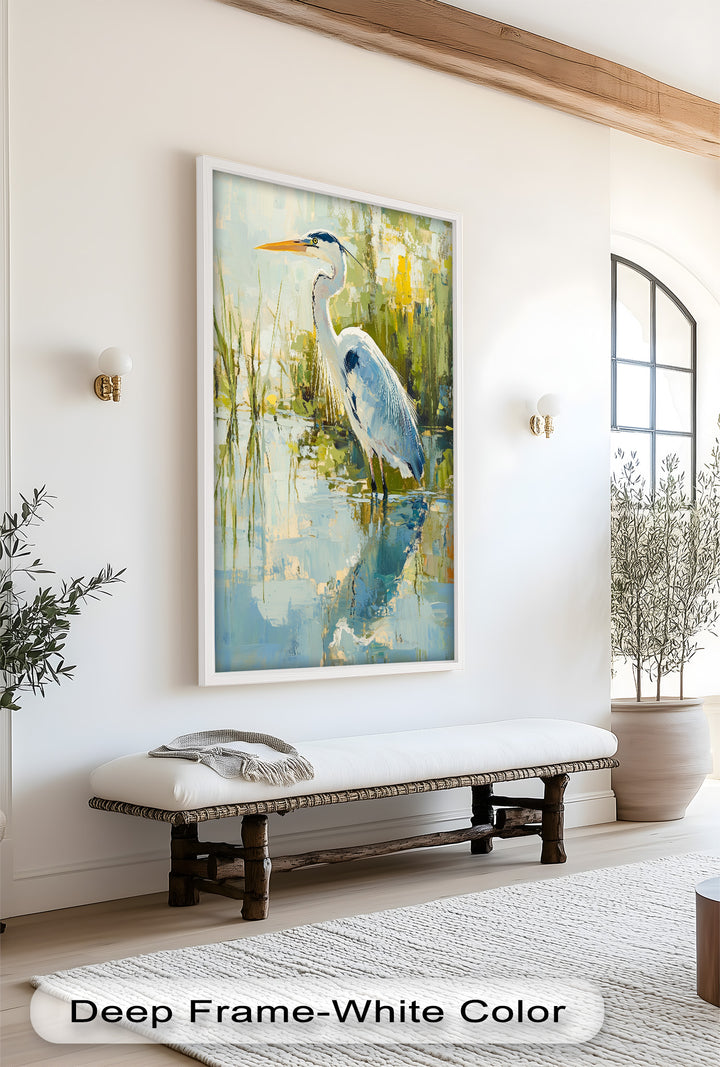 Heron Amid Textured Reflections - Animal Oil Painting