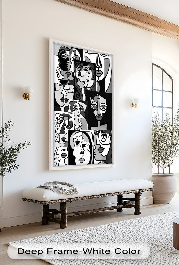 Monochrome Whispers – Collage of Cubist Faces Abstract Oil Painting
