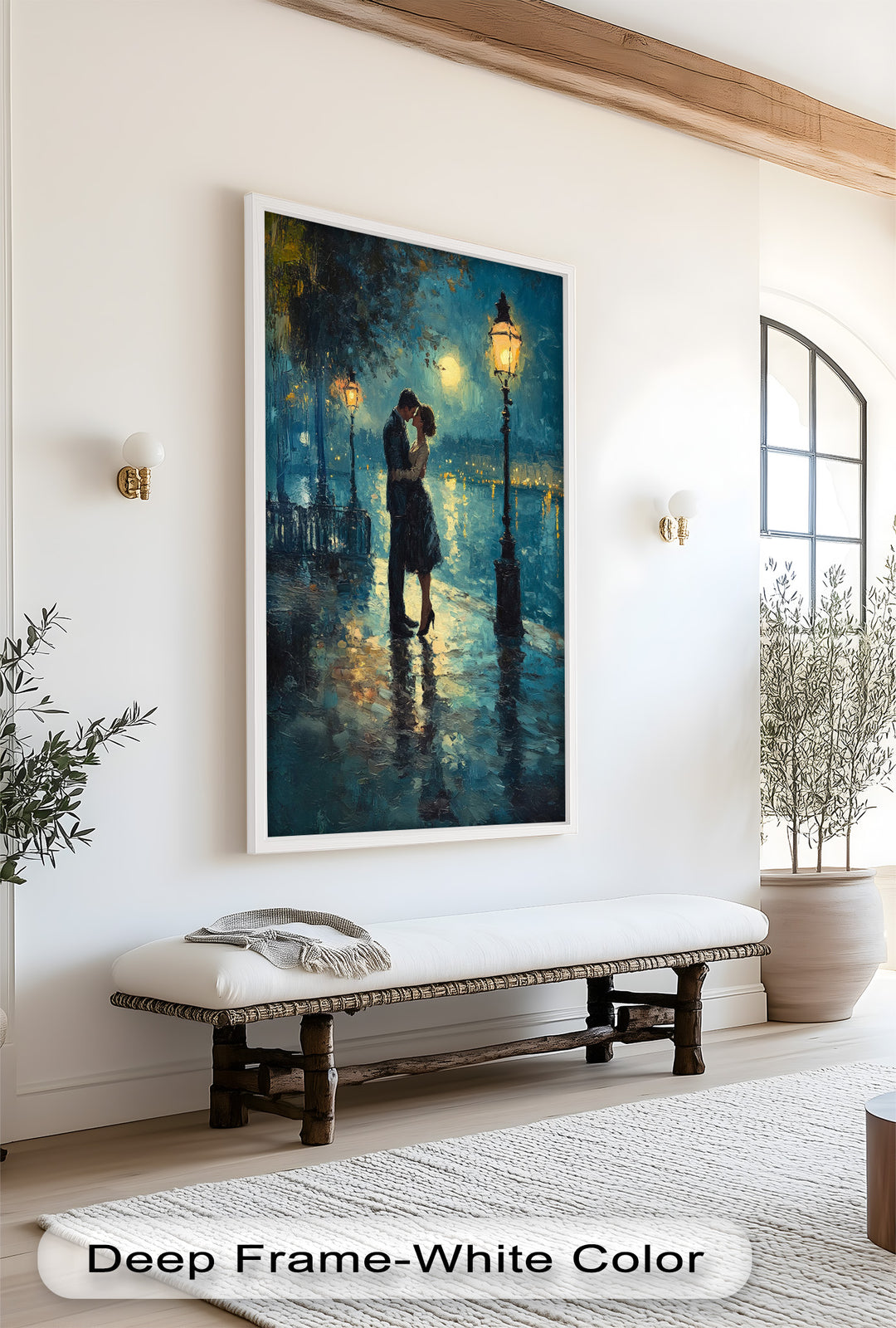 Moonlit Embrace – Lovers by the Lamplight Love Oil Painting