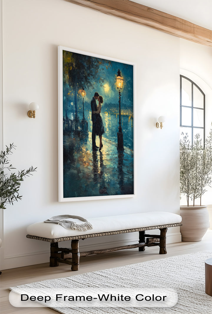 Moonlit Embrace – Lovers by the Lamplight Love Oil Painting