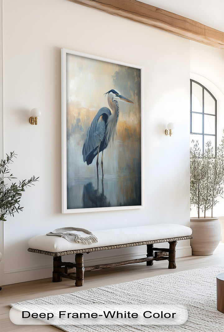 Heron in Misty Reflections - Animal Oil Painting