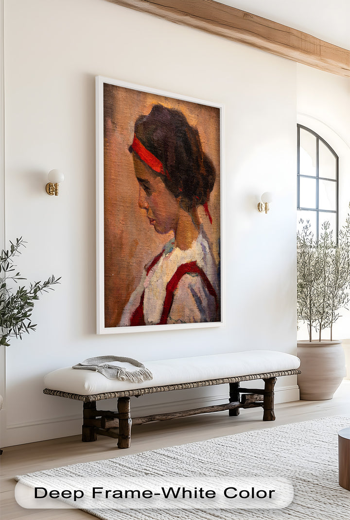 Crimson Reverie – Side Portrait of a Girl in Red Headband Oil Painting
