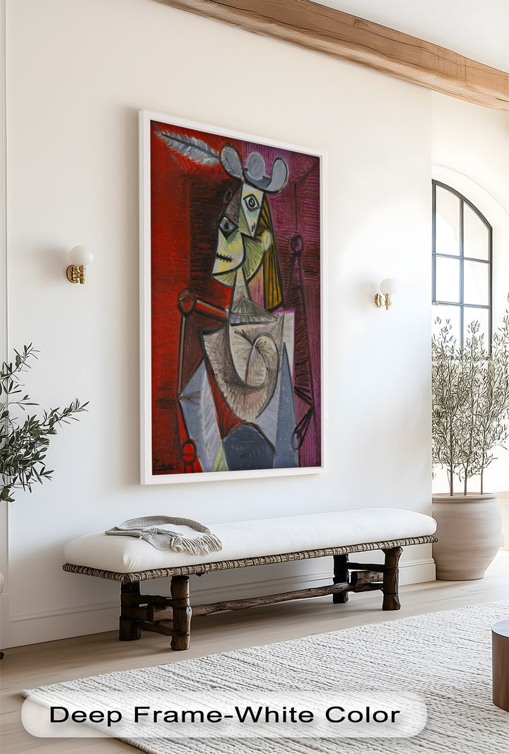 Bold in Crimson – Woman with Feather Hat Abstract Oil Painting