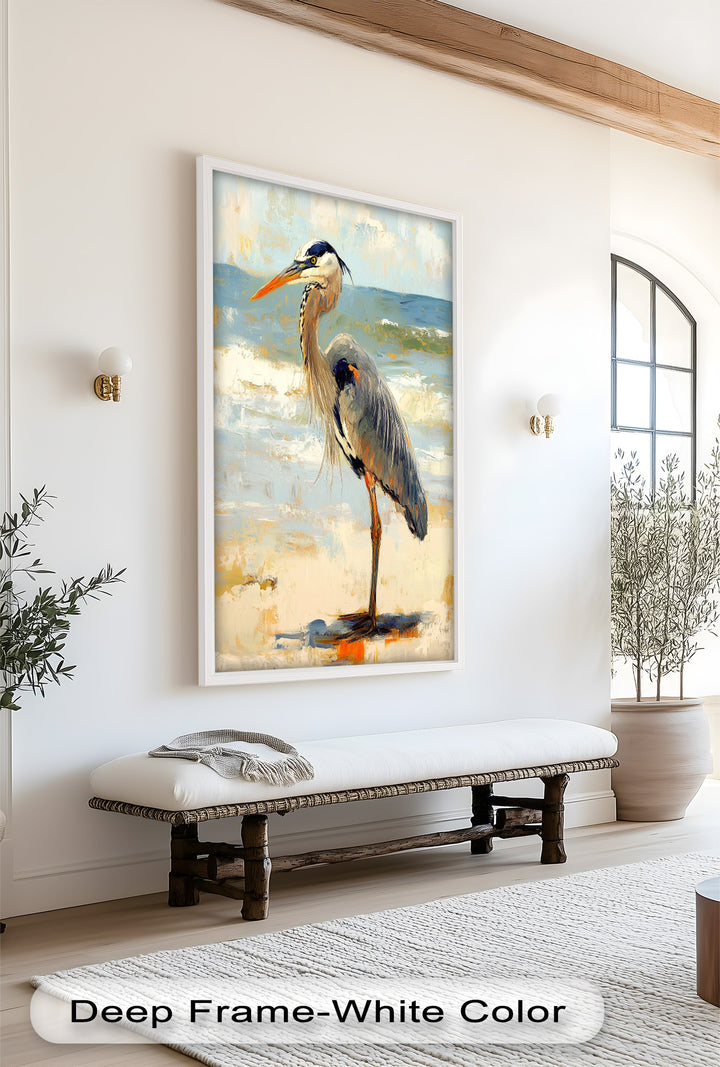 Coastal Heron with Ocean Breeze - Modern Oil Painting
