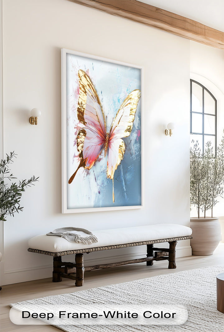 Gold und Blush Schmetterling in Bewegung - Tier Ölgemälde