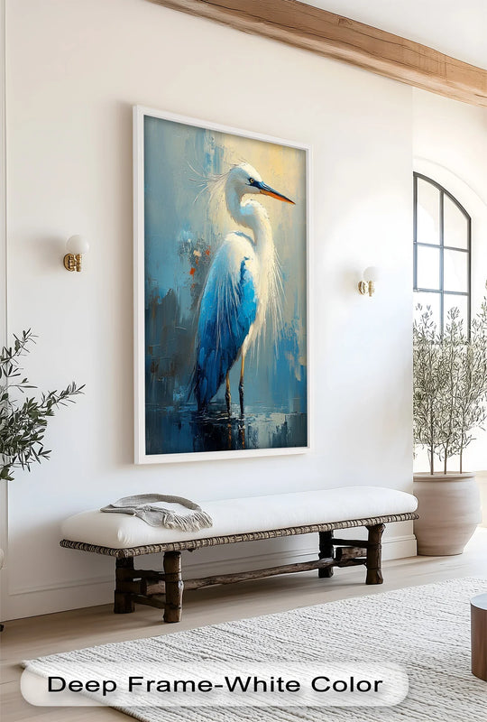 Subtle light and shadow define the modern oil painting art piece, illuminating the elegant blue heron's textured plumage and creating a dynamic visual effect.