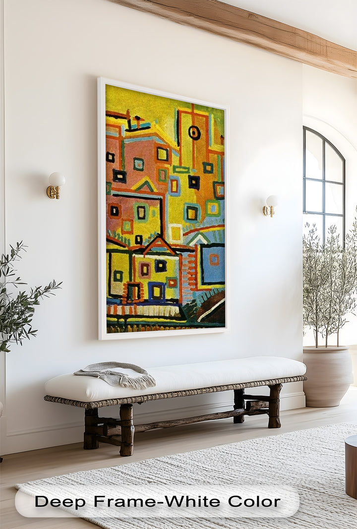 Farbenfrohe geometrische Stadtlandschaft als Wandkunst – kubistisches Ölgemälde