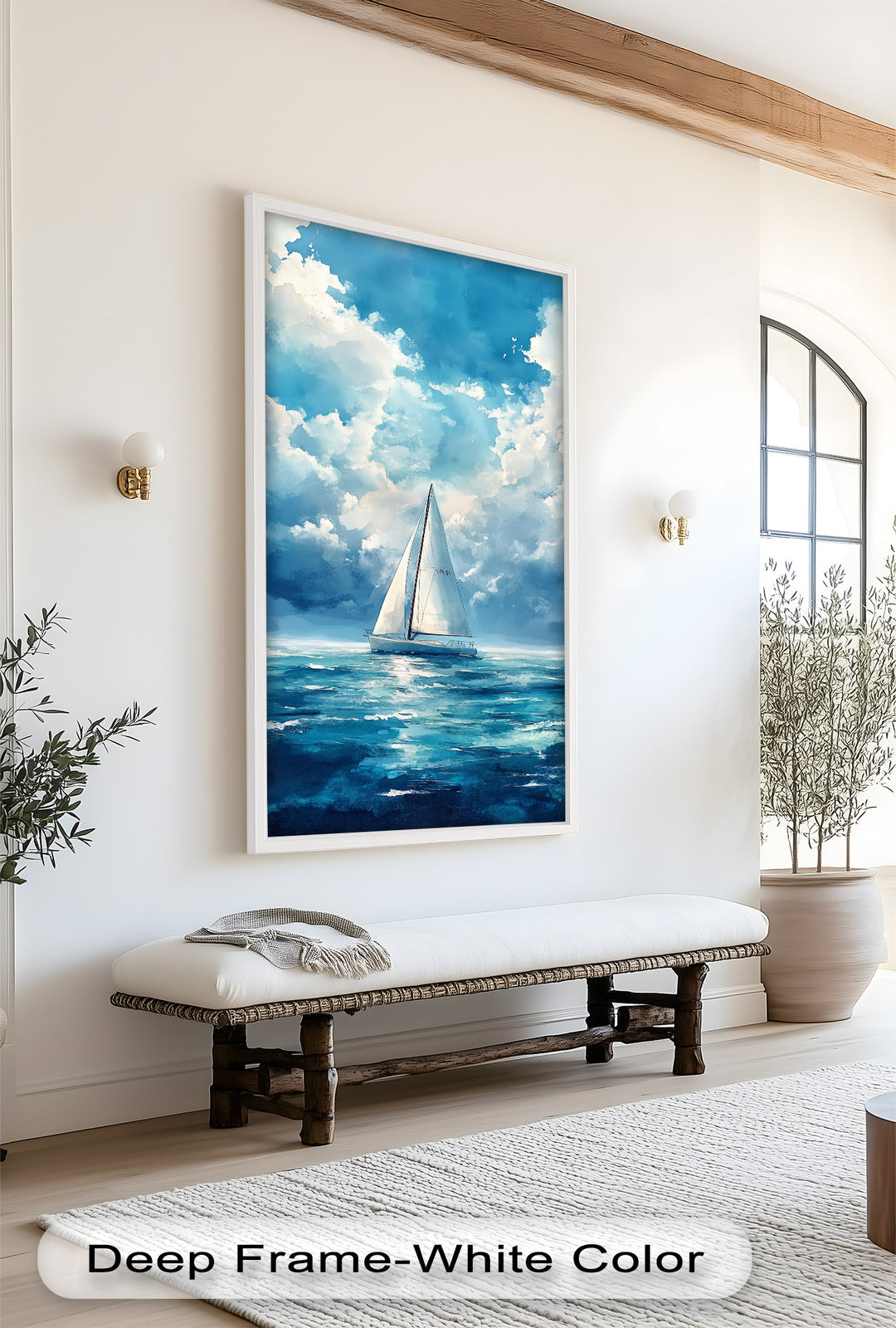 White Sailboat Blue Skies - Modern Oil Painting