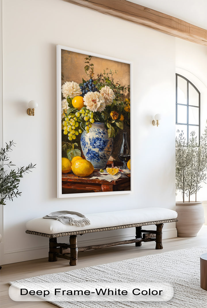 A bright floral composition with vivid blue blooms in a round glass vase, painted in dynamic strokes of green, yellow, and blue.