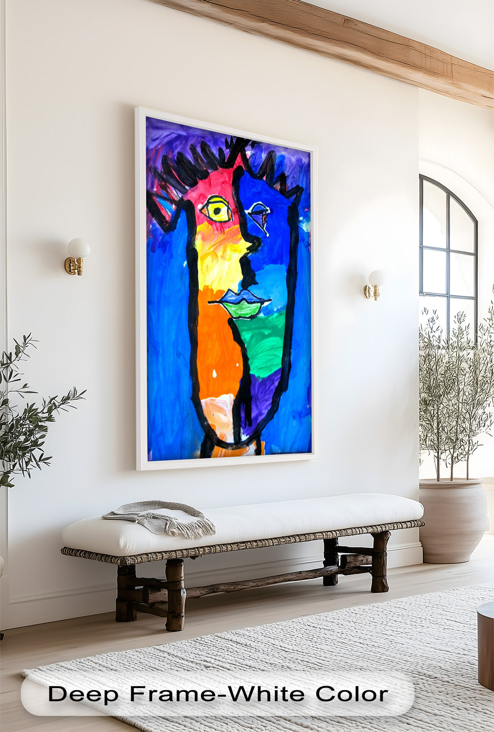 A playful, expressive portrait in a cubist style, featuring mismatched eyes and a rainbow palette of bright colors.