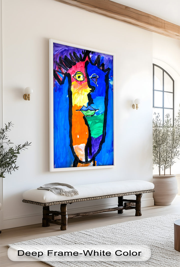 A playful, expressive portrait in a cubist style, featuring mismatched eyes and a rainbow palette of bright colors.