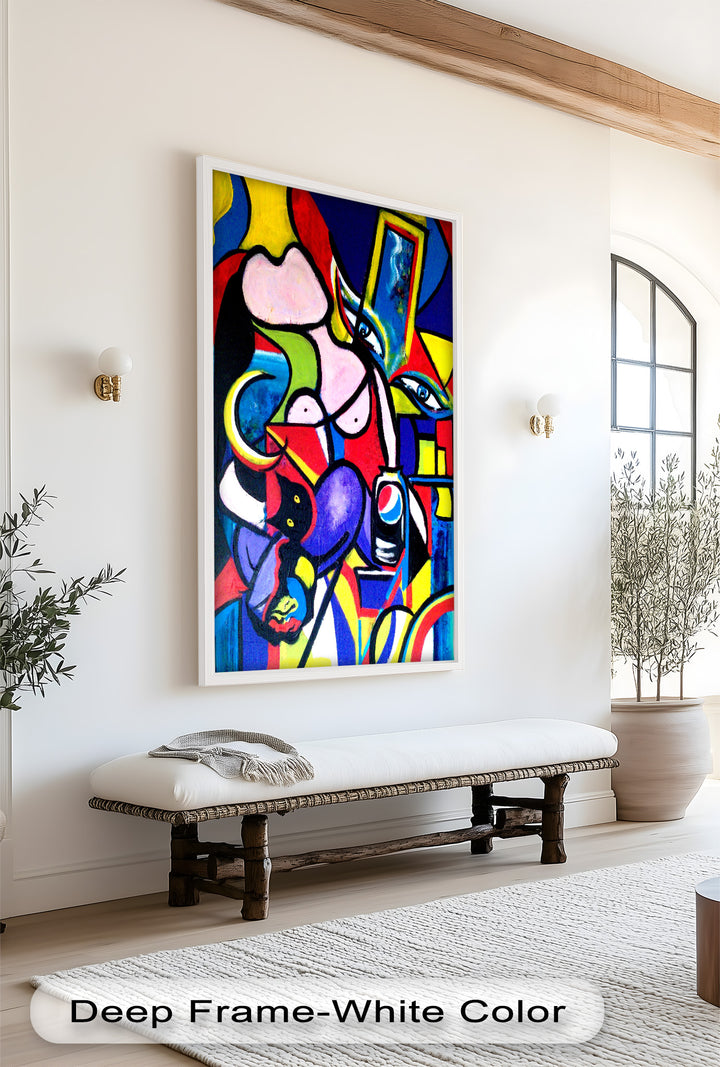 Pop Cubist Woman Wall Art – Abstract Framed Oil Painting