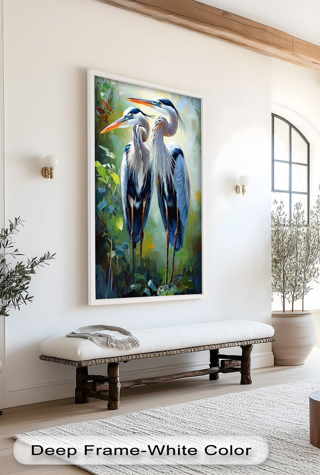 Two Herons Among Verdant Shadows - Animal Oil Painting