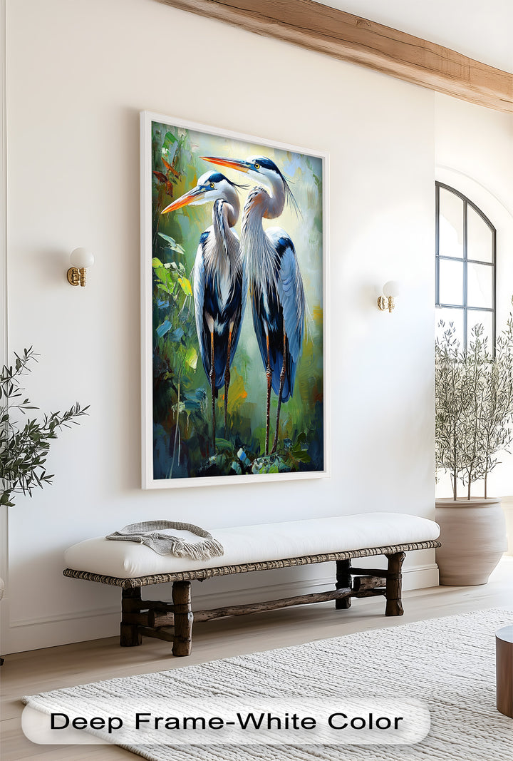 Two Herons Among Verdant Shadows - Animal Oil Painting