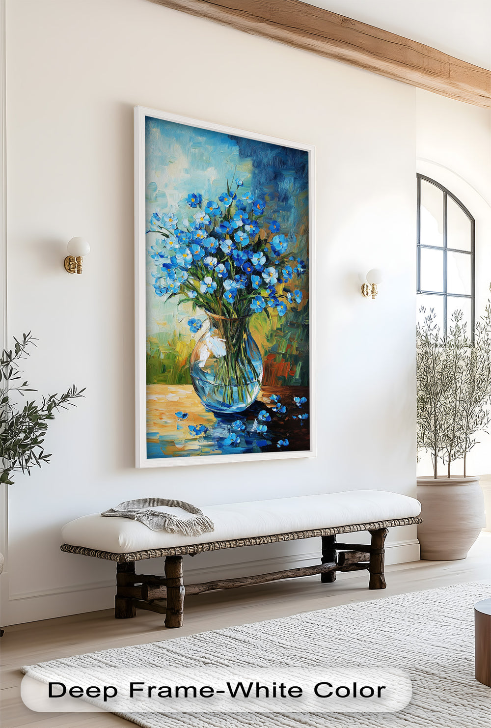 An expressive floral artwork featuring a bouquet of blue blossoms in a glass bowl, with petals scattered on the table.