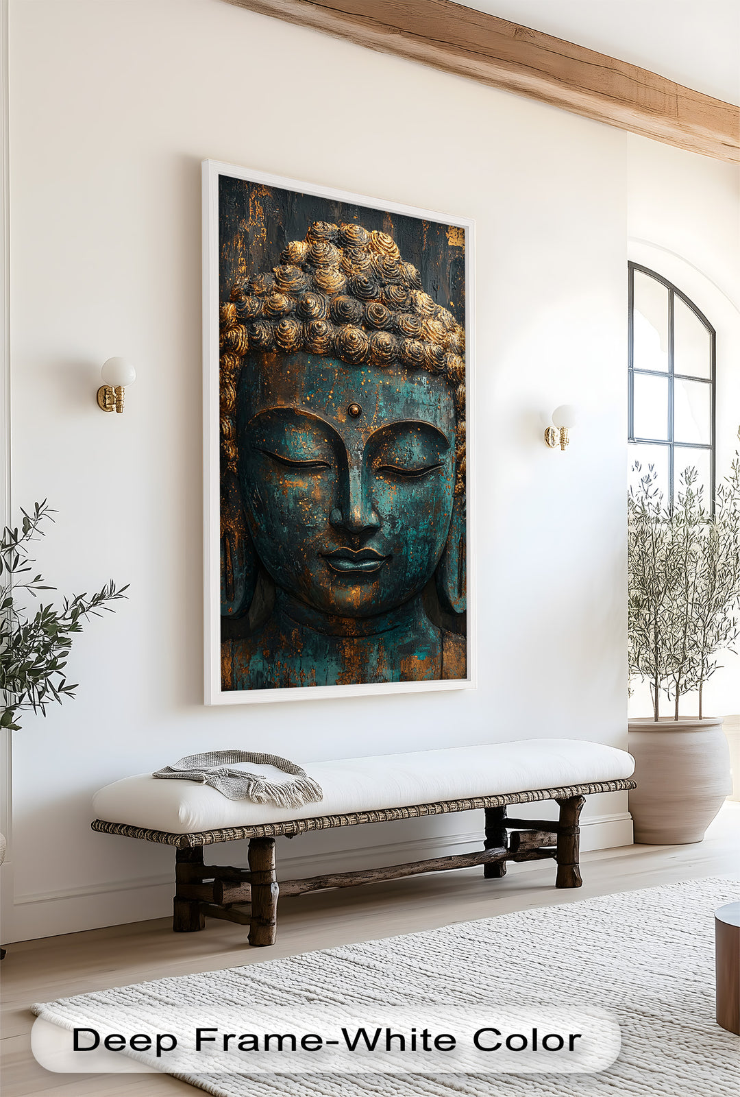 A serene Buddha portrait with a patina finish and ornate golden curls, exuding timeless stillness and grace.