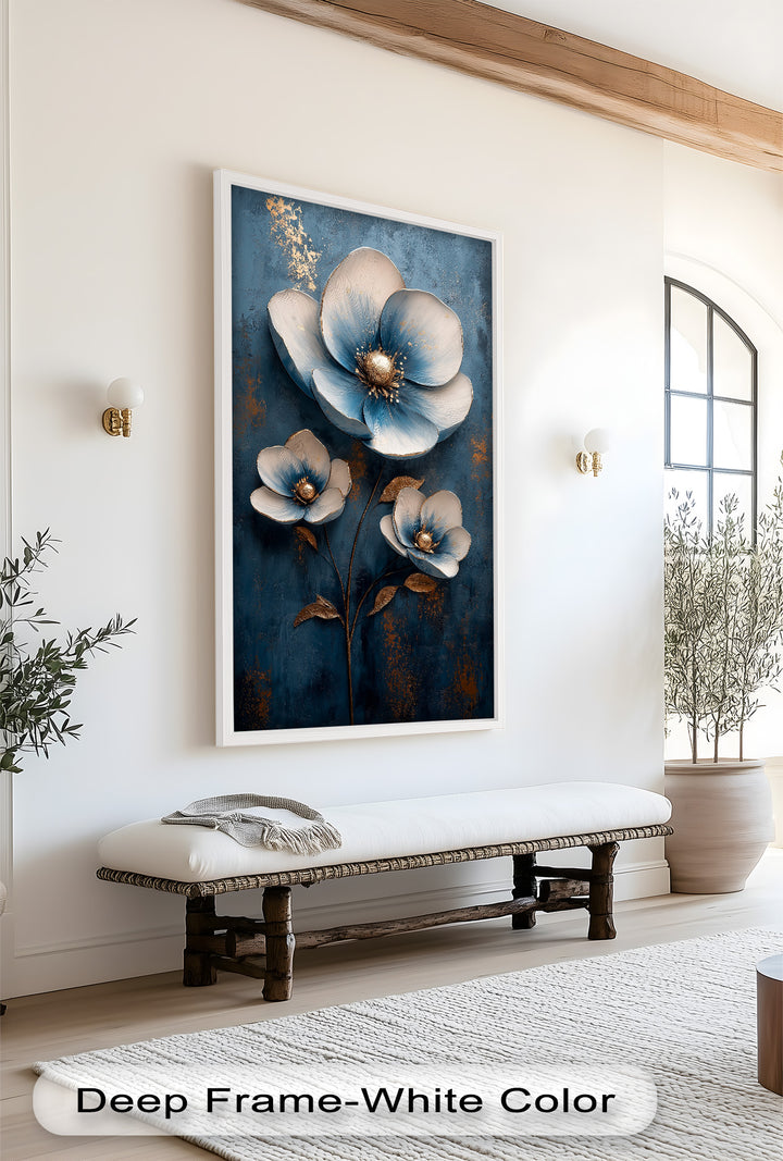 Deep Blue and Metallic Floral Elegance - Flower Oil Painting
