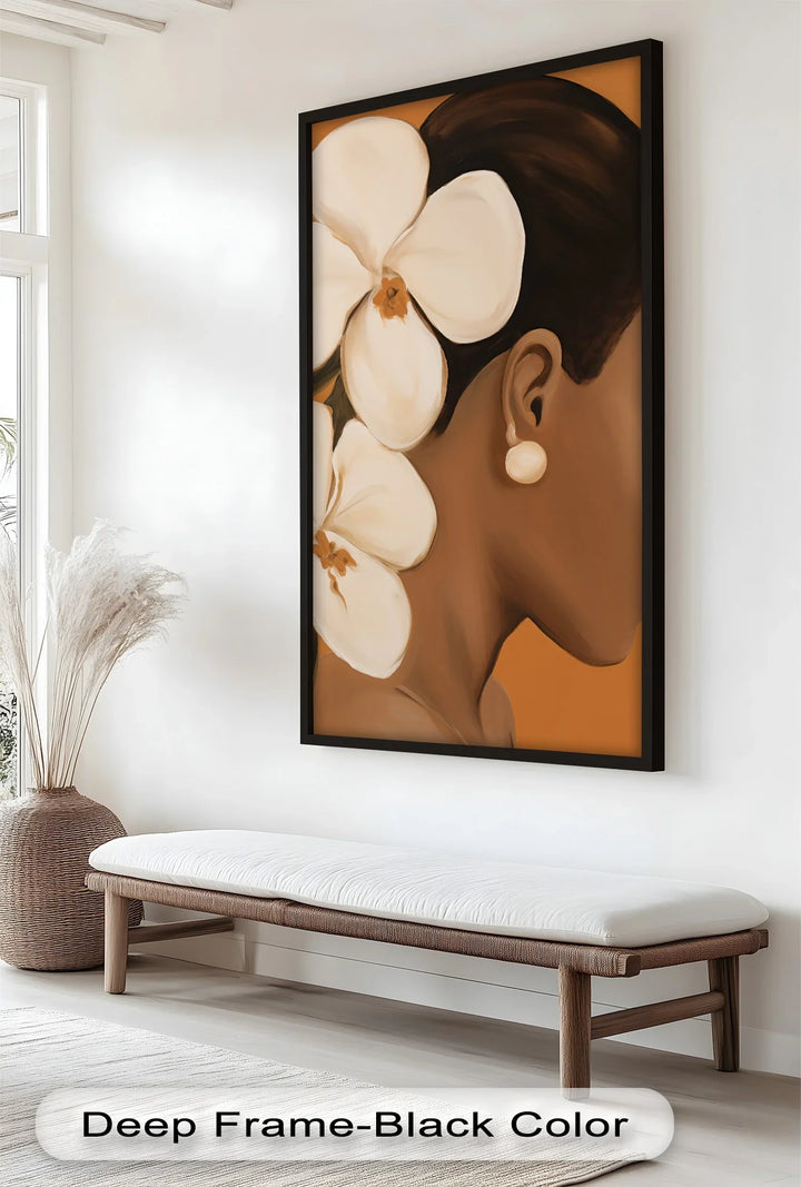 A stunning tribute to natural beauty, this piece combines simplicity and elegance, showcasing the quiet strength of a woman adorned in floral elegance.