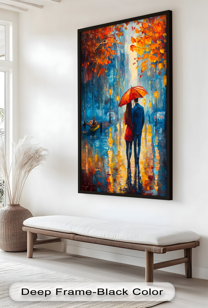 Romantic Couple Strolling Under Red Umbrella - Love Oil Painting